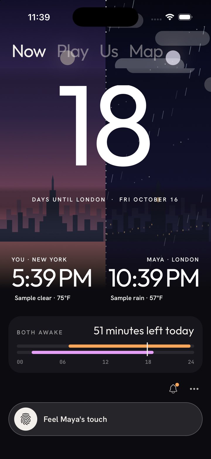 The until. home screen: New York at 5:39 PM on the left, London at 10:39 PM on the right, and 18 days until London