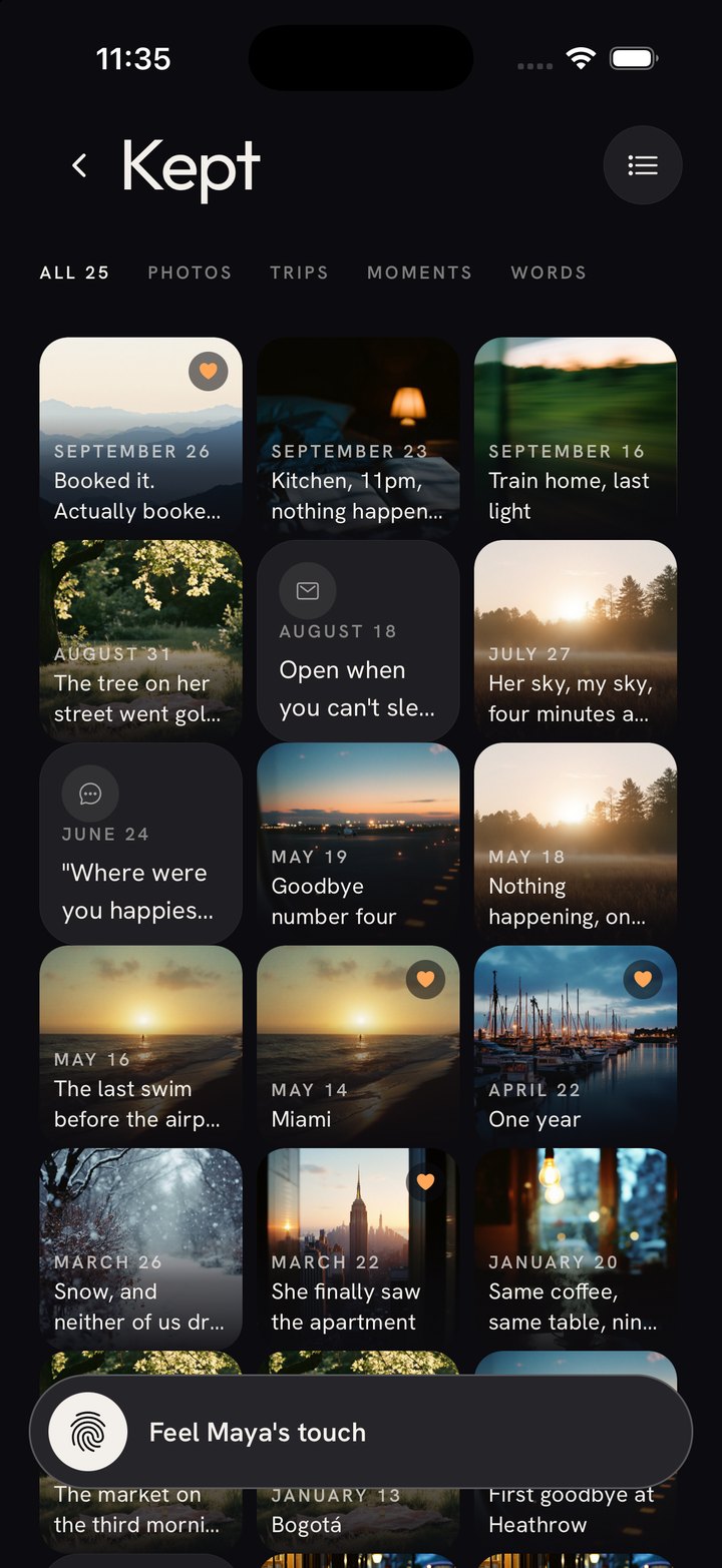 Memories: 25 things worth keeping. Photos, trips, moments and letters in a grid, each with a date and a city.