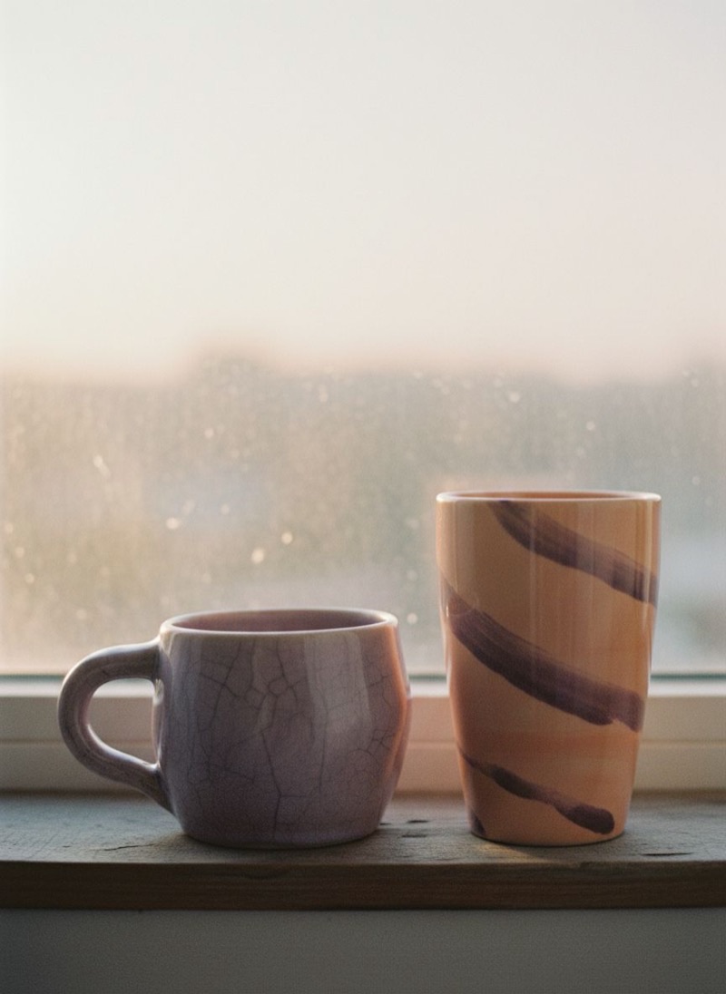 Two mismatched coffee cups side by side on a windowsill in morning light