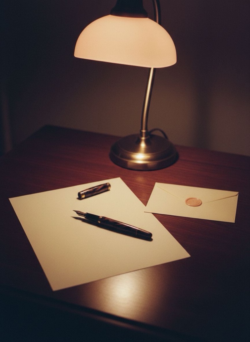 A sheet of cream writing paper and a fountain pen under a low lamp, an envelope sealed beside it